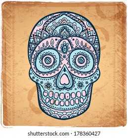 Vintage ethnic hand drawn human skull can be used as a greeting card