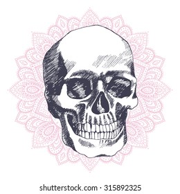 Vintage ethnic hand drawn human skull can be used as a greeting card