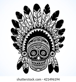 Vintage ethnic hand drawn human skull can be used as a greeting card