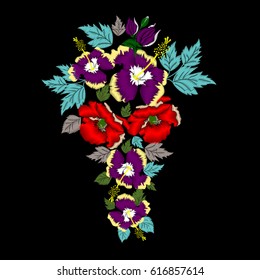 Vintage ethnic ornament of hibiscuses and poppies for your design on a black background.