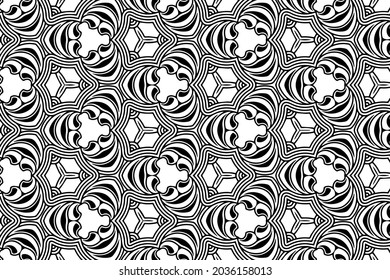 Vintage ethnic pattern in doodling technique, geometric elegant ornament. Cover design in oriental, asian, indonesian, mexican, aztec styles. Black white template for coloring, presentations.