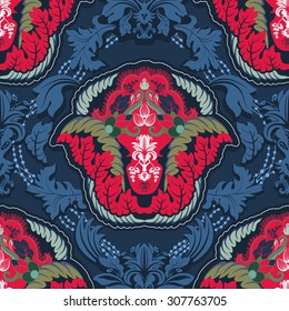 Vintage ethnic seamless pattern. Indian ornamental backdrop. Arabian decorative wallpaper with big stylized flowers. Design for fabric, textile, cover, wrapping paper, home decor