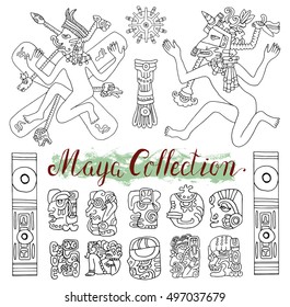 Vintage ethnic set with ancient maya symbols, people and tribal ornaments in old american indian style. Pattern vector illustration and doodle drawing for design. Ancient mystic glyphs and icons
