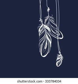Vintage ethnic tribal feather for your business. Set of ethnic feathers. Ethnic set in native style. Vector decorative elements hippie. White feathers on a dark background