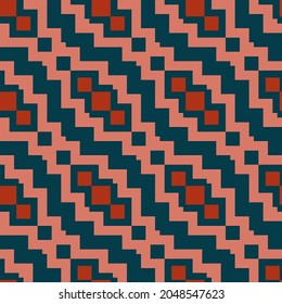 Patrón vectorial étnico vintage. Ilustración tribal abstracta perfecta con zigzag, líneas y formas diagonales rojas, rosas y azules. Diseño geométrico utilizado para la impresión de alfombras, papel pintado, textiles, embalaje