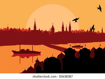 Vintage Europe city landscape illustration