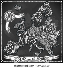 Vintage Europe Map Blackboard. Geographic European Chalk Board Map. Retro Vintage typography Europe. Chalk Handwriting European Map.Vintage Board Background Infographic Illustration