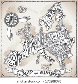 Vintage Europe Map Blackboard. Geographic European Chalk Board Map. Retro Vintage typography Europe. Chalk Handwriting European Map.Vintage Board Background Infographic Vector Image