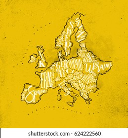 Vintage europe map with countries inscription uk, ireland, norway, sweden, finland, germany, france, spain, italy, poland, czech, austria, switzerland, netherlands, belgium drawing on yellow paper