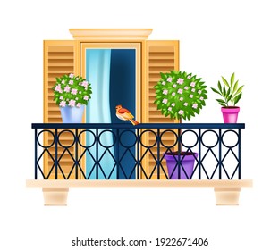 Vintage European balcony, city window front view vector illustration, house plants, shutters, rails, blossom. Street facade architecture object isolated on white. Vintage balcony, curtain, bird, roses