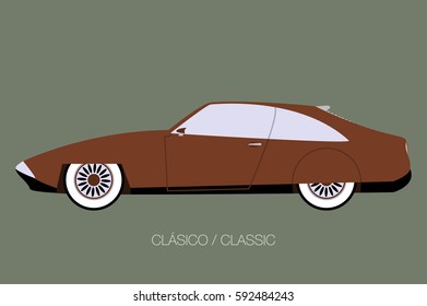 vintage european classic car, side view, flat design style