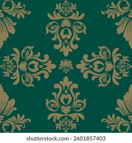 Vintage European Damask pattern golden ornamental motifs on a deep green background. elegant,symmetrical floral and baroque elements, ideal for wallpapers, upholstery,gift wrapping,classic branding.