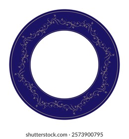 Vintage European round frame with floral ornament. Blue gold plate. Vintage round ethnic vector frame with arabesques. Pattern frame for round surfac, household utensil, textile, embroidery, porcelain