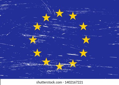 Vintage European Union flag with grunge texture, scratches and brush traces
