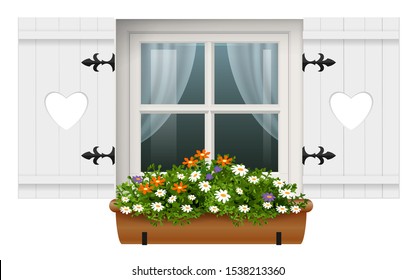 Vintage european wooden window with shutters and hanging flower garden. The old house. Room