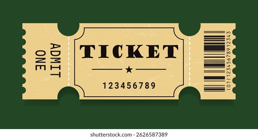Vintage event ticket with a barcode, serial number, and ADMIT ONE text. Retro beige design with grunge texture and perforated edges. Perfect for classic-themed shows or fairs.Vector illustration.