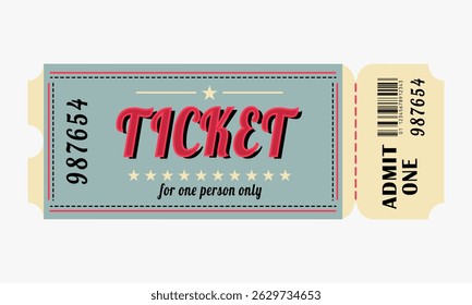 Vintage event ticket with a barcode, serial number, and ADMIT ONE text. Retro beige design with grunge texture and perforated edges. Perfect for classic-themed shows or fairs.Vector illustration.