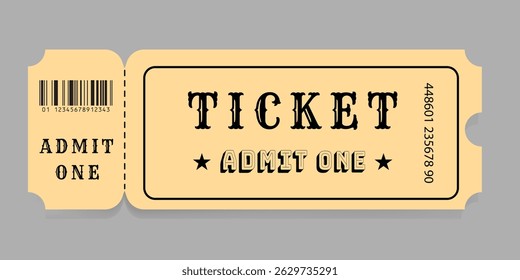 Vintage event ticket with a barcode, serial number, and ADMIT ONE text. Retro beige design with grunge texture and perforated edges. Perfect for classic-themed shows or fairs.Vector illustration.