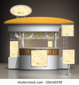 Vintage exhibition stand design with creative flowers and art round elements. Booth template. Corporate identity