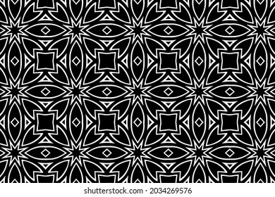 Vintage exotic ethnic pattern, geometric background, arabesque. Cover design in the style of oriental, asian, indonesian, mexican ornaments. Black white template for coloring, presentations.