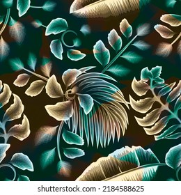 Vintage exotic green blue tropical plants leaves seamless pattern background. nature jungle illustration pattern on abstract background. tropical wallpaper. branch leaves. Exotic tropic. autumn