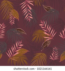 Vintage Exotic tropical vector background with hawaiian plants and flowers. Seamless summer bright tropical pattern with monstera and sabal palm leaves, on dark maroon color