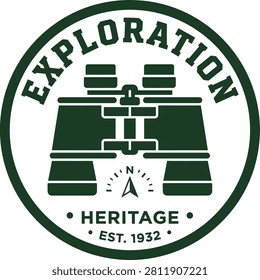 Vintage exploration logo featuring binoculars, symbolizing adventure and heritage since 1932