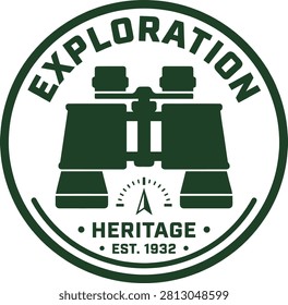 Vintage exploration logo featuring binoculars, compass, and heritage established in 1932