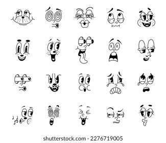 Vintage expression faces, retro characters. Happy 50s mascot eyes and mouth, old animation smile, facial funny comic simple creatures. Doodle style drawing. Vector cartoon current icons set