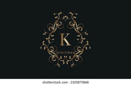 Aluminio exquisito de vintage con la letra K. El logotipo se puede utilizar para decorar un restaurante, boutique, emblema, joyería, negocios.