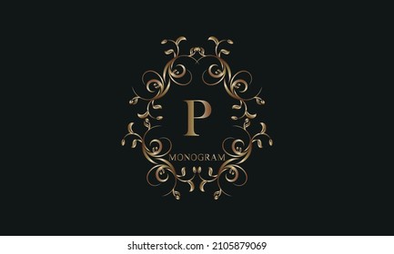 Exquisito monograma vintage con la letra P. El logotipo puede utilizarse para decorar un restaurante, boutique, emblema, joyería, negocios.
