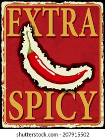 Vintage extra spicy poster with chili pepper. Vector illustration.