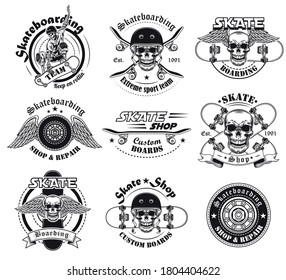 Vintage extreme skateboarding flat labels set. Monochrome skateboard tattoo with skull, skeleton, tire of wheel and angel wings vector illustration collection. Male beauty and self-care concept