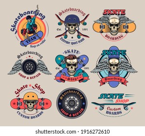 Vintage extreme skateboarding flat labels set. Colored skateboard tattoo with skull, skeleton, tire of wheel and angel wings vector illustration collection. Male beauty and self-care concept