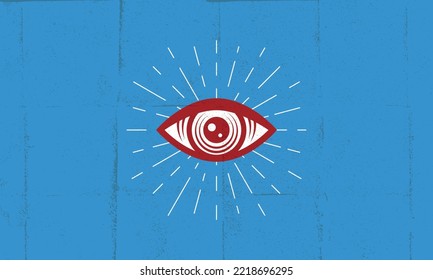 Vintage eye icon. Eye icon with light rays isolated on a blue background.  Abstract, Mystery poster design with grunge texture. Vector illustration