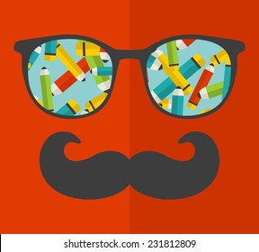 Vintage eyeglasses with reflection. Vector illustration of accessory for hipster - sunglasses isolated. Best print for your t-shirt.