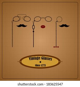 Vintage eyewear sign with pince-nez, monocle and lorgnette, moustache and lips