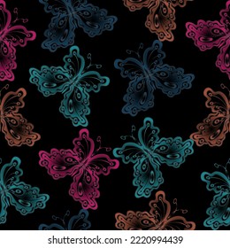 Vintage fabric background. Wallpaper. Drawing engraving.   Butterfly abstraction from the lines. Vector illustration