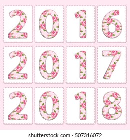Vintage fabric numbers 2016, 2017, 2018 as patch applique in shabby chic style, ideal as calendar cover