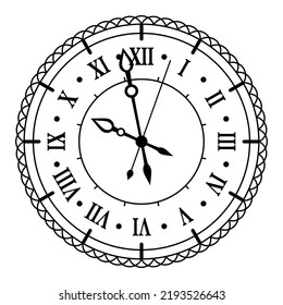 Vintage face clock with roman numerals ornate antic design line vector illustration. Retro circle watchface with antique arrows. Ancient elegant time measurement classic ornamental rotate pointer