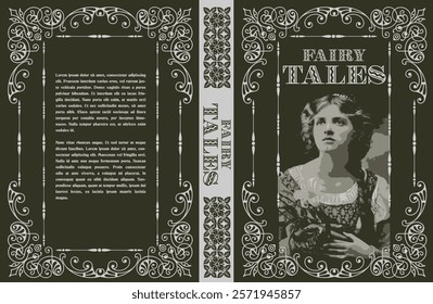 Vintage fairy tales book cover design with princess portrait, decorative frame, and classic typography, evoking a sense of timeless wonder and enchanting storytelling