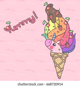  Vintage fairytale wallpaper. Colorful pastel poster cute ice cream cone unicorn 10