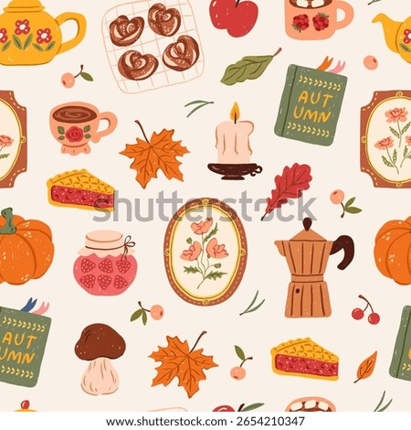 Vintage fall cozy seamless pattern. Cute autumn season. Hand drawn crayon doodle pumpkins, teapots, candle, mug, socks, pie, frames in flowers, jam, fall leaves. Vector background.