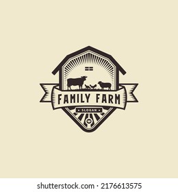 Vintage Family Farm House Logo Design With Farm Landscape Concept For Natural Farm Product Or For All Your Ideas