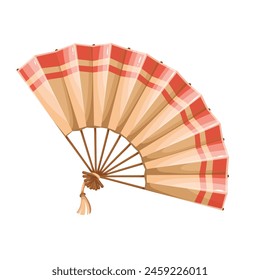 Vintage fan for hand of woman, cartoon old fashion accessory for lady. Delicate silk or paper fan with red border for flamenco dance or carnival party, cartoon item of aristocrat vector illustration