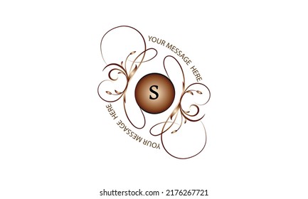Vintage fancy logo. Calligraphic emblem and elements of elegant decor on a white background. Vector monogram with the letter S in the center and space for text.
