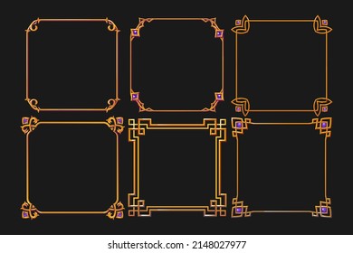 Vintage fantasy golden frames for rpg game ui design. Vector cartoon set of empty square banners with fancy golden border in medieval style and purple gems isolated on black background