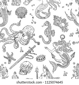 Vintage fantasy nautical seamless pattern: mermaid, underwater treasures, octopus, shell, starfish, anchor, drowned sword, crown, skull, crystal, sea horse. Retro tattoo style hand drawn illustration.
