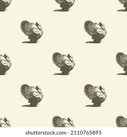 vintage farm animals turkey, village animal engraved woodcut style, hand drawn sketch seamless pattern design for wrapping paper, natural product cover packaging print, realistic bird backgroud,fabric
