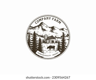 Vintage farm barn logo design with hand drawn retro and tree in background 